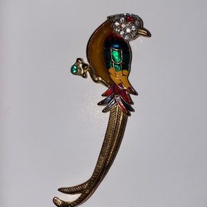 Vintage Crystal and Enamel Bird of Paradise Pin Signed